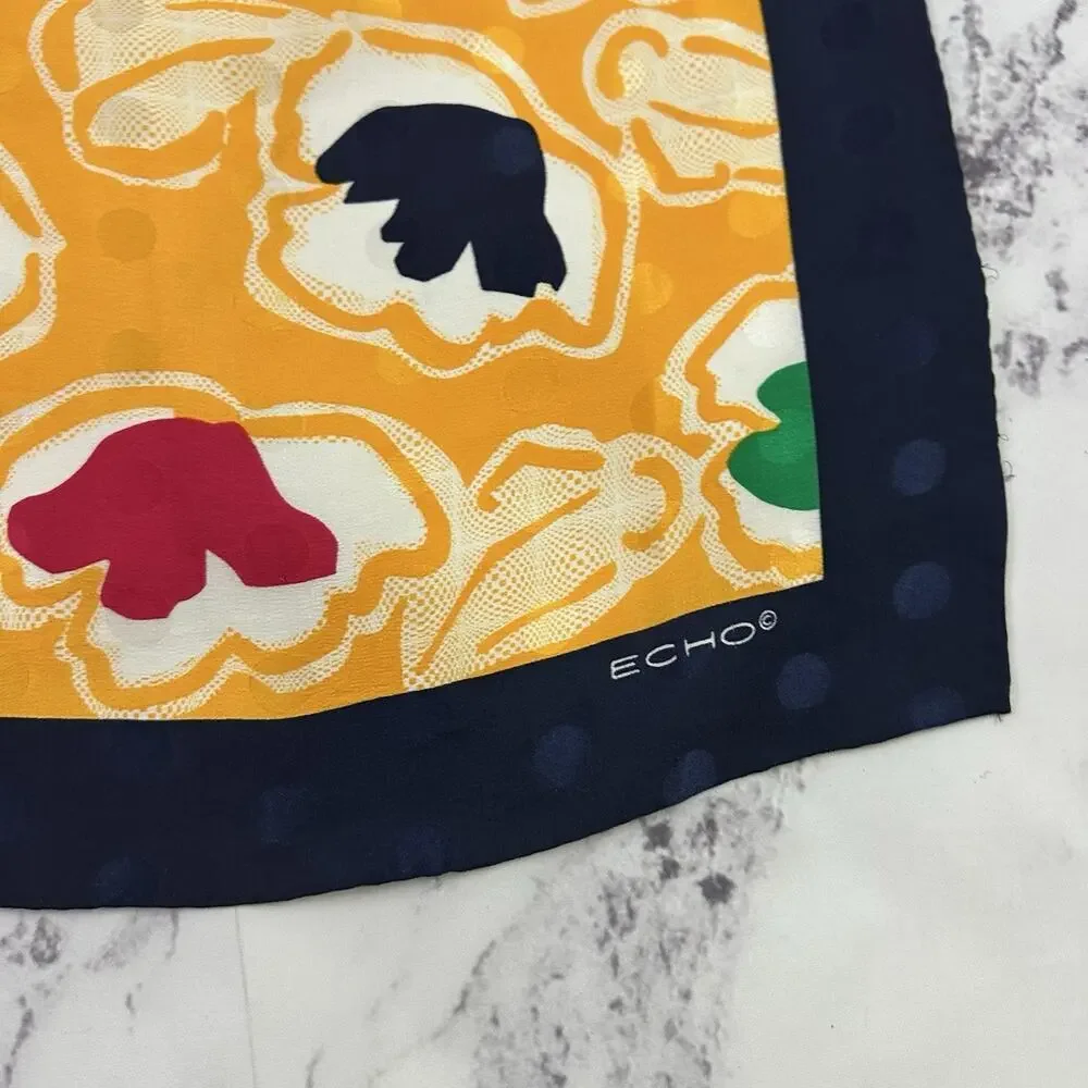 Echo Womens Vintage 90s Silk Blend Scarf Blue Yellow Floral Large Square